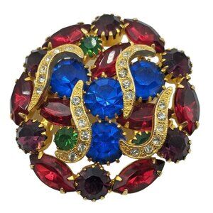 Vintage Multicolored Rhinestone Brooch Blue Red Green Purple Clear Jewelry